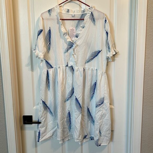 Blue & White Flowy Dress FEATHERS Ruffle Womens XXL New - Picture 8 of 10